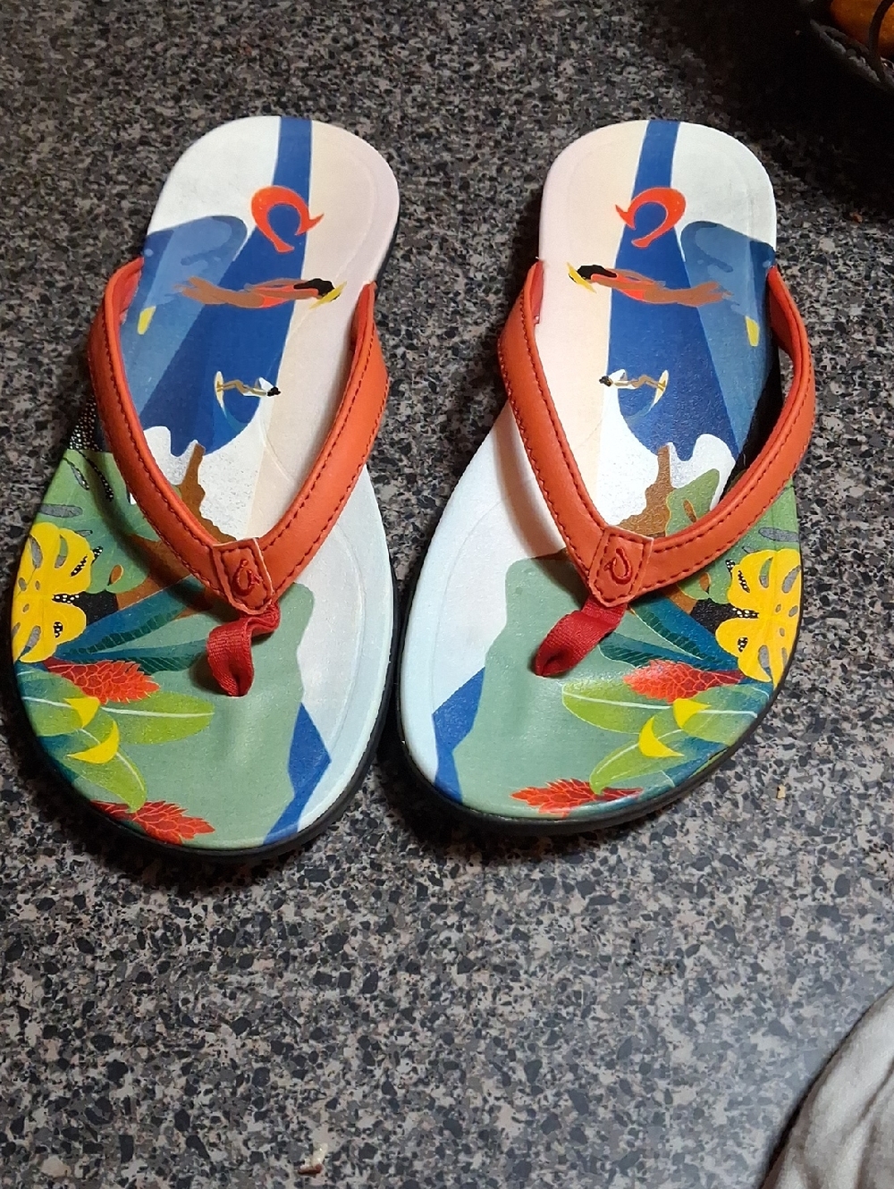 OluKai Women's Tropical Print Flip Flops with Orange Straps 8.5